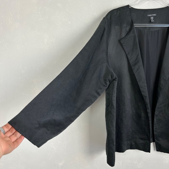 Eileen Fisher women size 1X open front jacket organic linen silk black w pockets - Picture 2 of 9